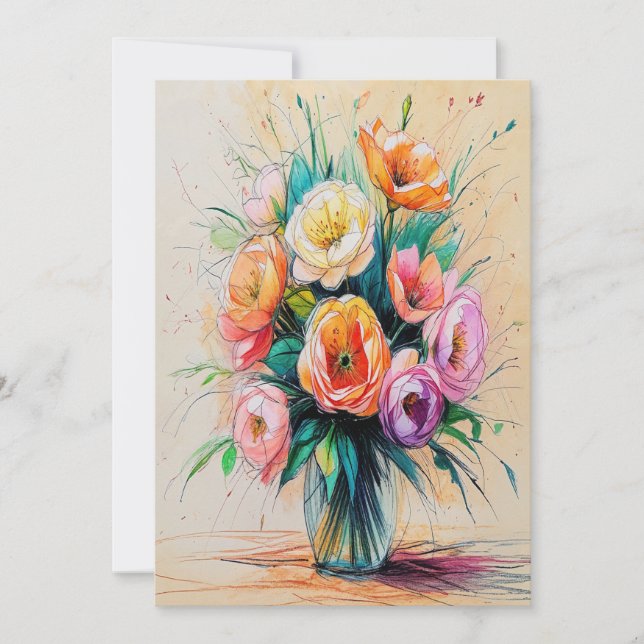Vacker blomsterbukett konst färgpennor teckning julkort (Framsida)
