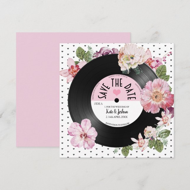 Vacker blomsterbukett retro vinyl Spara datum Bröl Inbjudningar (Fram/baksida)