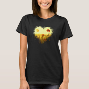 Vacker blomsterfält blommar på sommaren i ljust t shirt