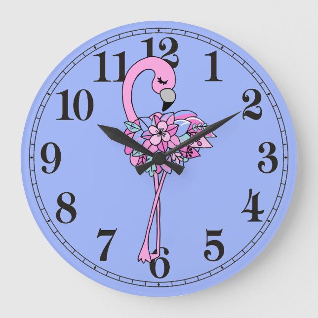 Vacker blomsterflamingo rund (stor) väggklocka (Framsida)