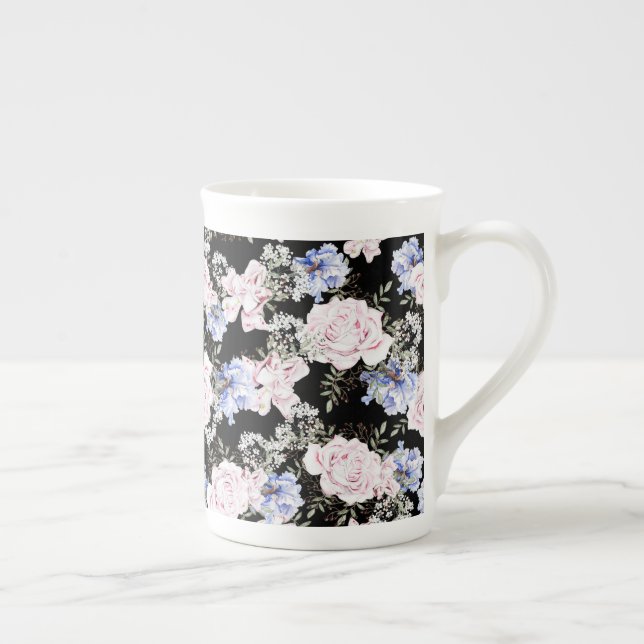 Vacker blomsterform Rosor Iris Rosa Blå Benporslin Mugg (Höger)