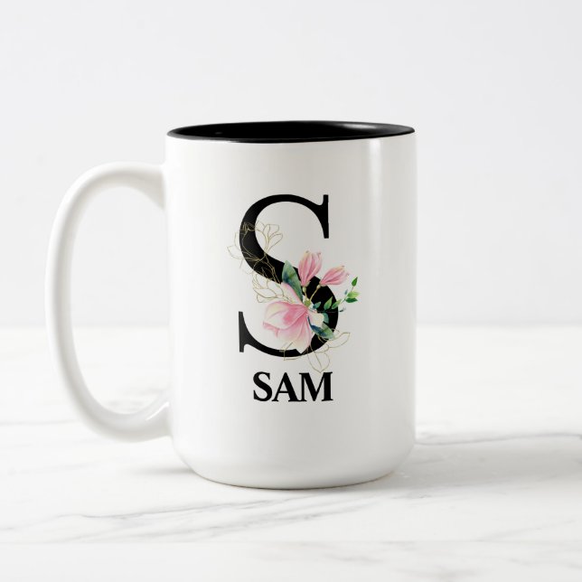 Vacker blomstergardin S monogram alfabet Två-Tonad Mugg (Vänster)