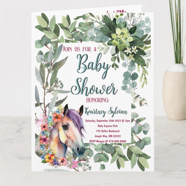 Vacker Blomstergestaltad Häst Bebisshower Kort (Framsida)