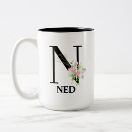 Vacker blomstergrafik N monogram alfabet Två-Tonad Mugg