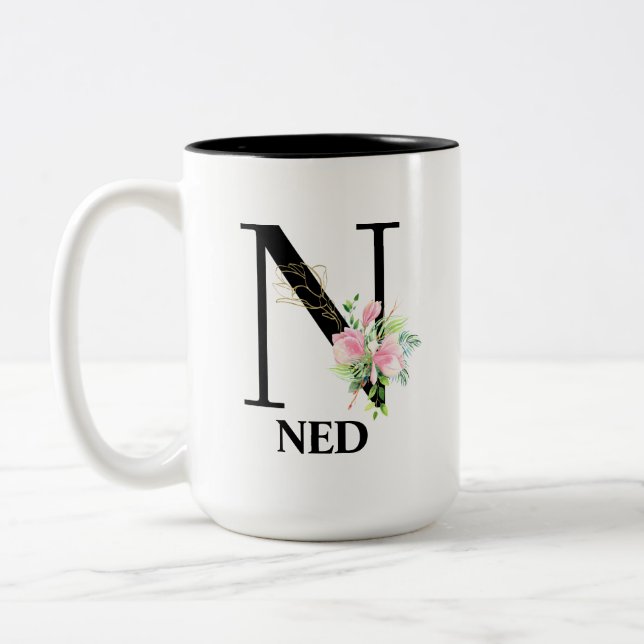 Vacker blomstergrafik N monogram alfabet Två-Tonad Mugg (Vänster)