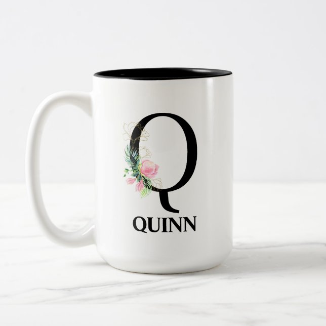 Vacker blomstergrafik Q monogram alfabet Två-Tonad Mugg (Vänster)
