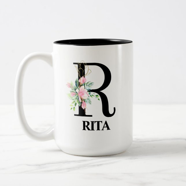 Vacker blomstergravyr med monogram för bokstaven R Två-Tonad Mugg (Vänster)