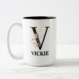 Vacker blomstergravyr med V-monogram Två-Tonad Mugg