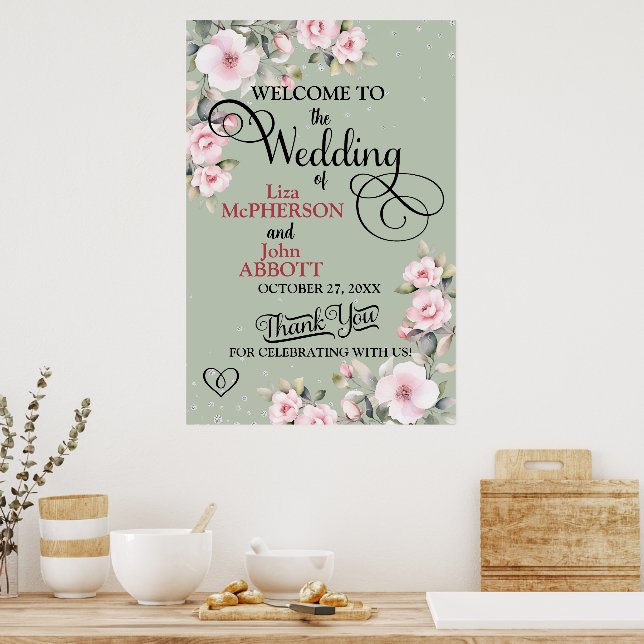 Vacker blomstergul grön bröllop välkomstskylt poster (Kök)