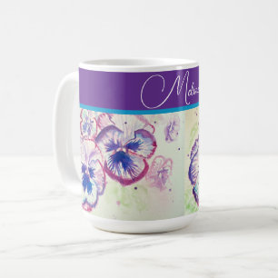 Vacker blomstergul pastellfärg pensé lila akvarell kaffemugg