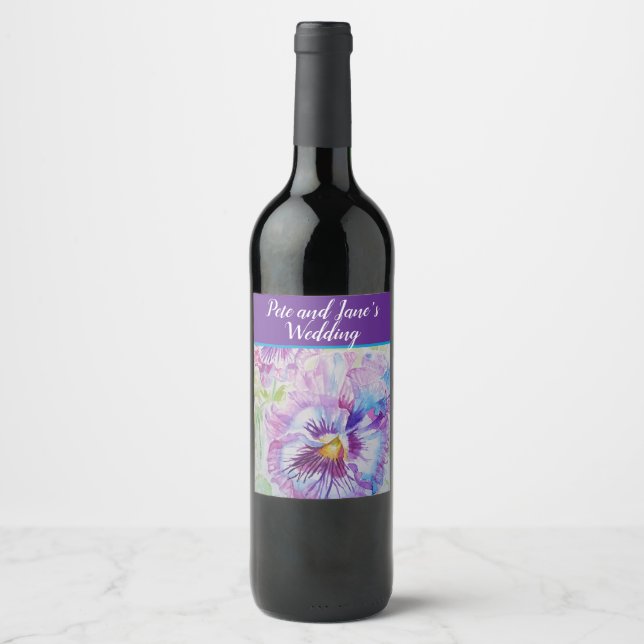 Vacker blomstergul pastellpensé lila akvarellvin vinflaska etikett (Framsida)