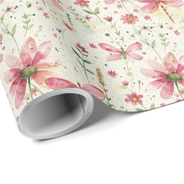 Vacker blomsterguldröd trollslända presentinslagni presentpapper (Rullad Hörn)