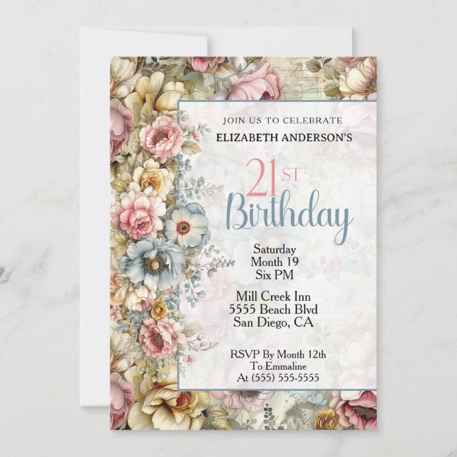 Vacker blomsterklippning 21-årsdag inbjudningar (Framsida)