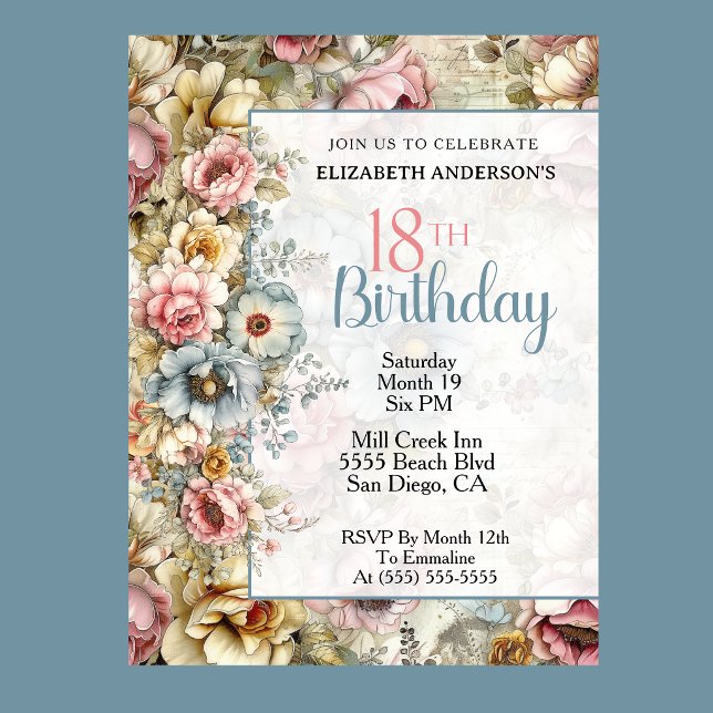 Vacker blomsterkollage 18-årsdag inbjudningar (Pastel floral 18th birthday invitation with vintage watercolor flowers and blue accents
)
