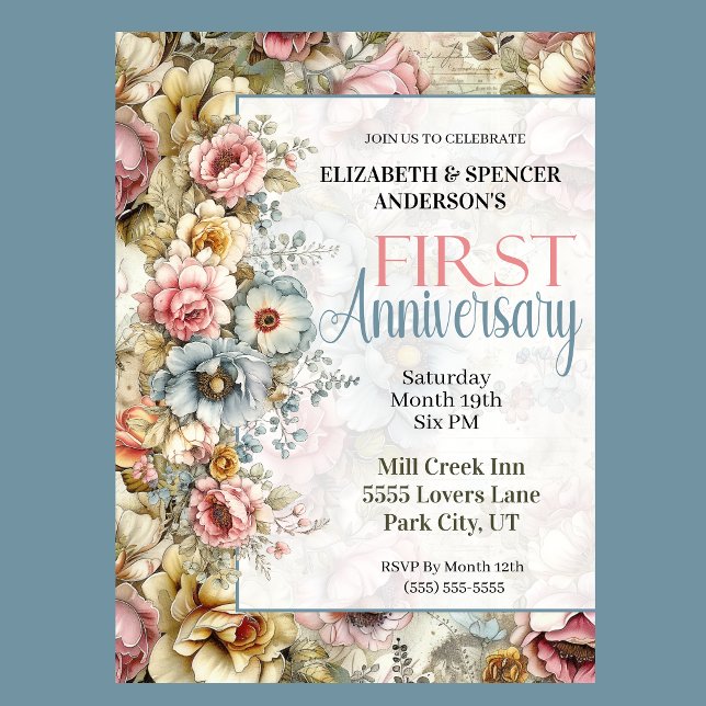 Vacker blomsterkollage 1-års bröllopsdag inbjudningar (Vintage floral 1st anniversary invitation with watercolor flowers and romantic botanical design
)