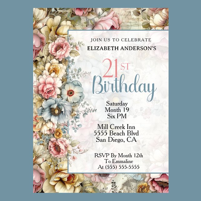 Vacker blomsterkollage 21-årsdag inbjudningar (Elegant pastel floral 21st birthday invitation with vintage flowers and soft blue accents
)