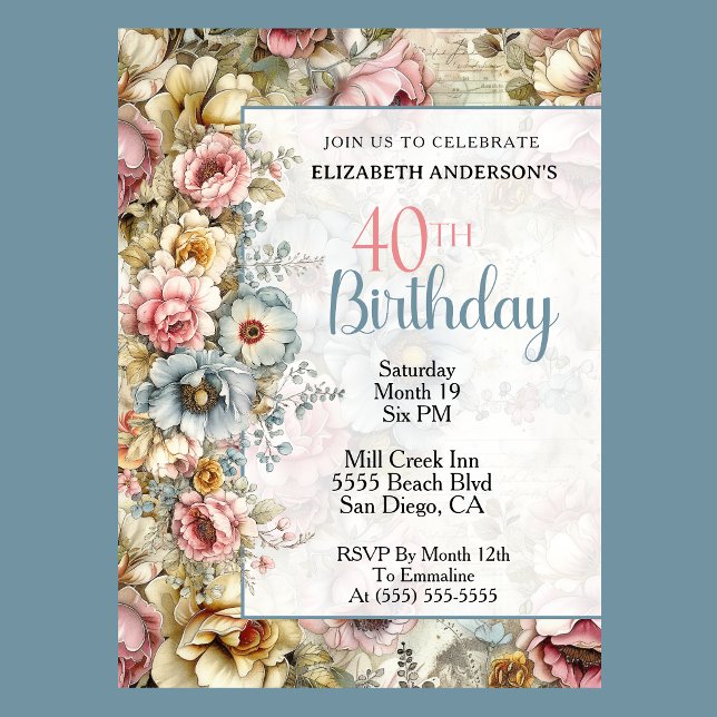 Vacker blomsterkollage 40-årsdag inbjudningar (Elegant pastel floral 40th birthday invitation with vintage flowers and soft blue accents
)