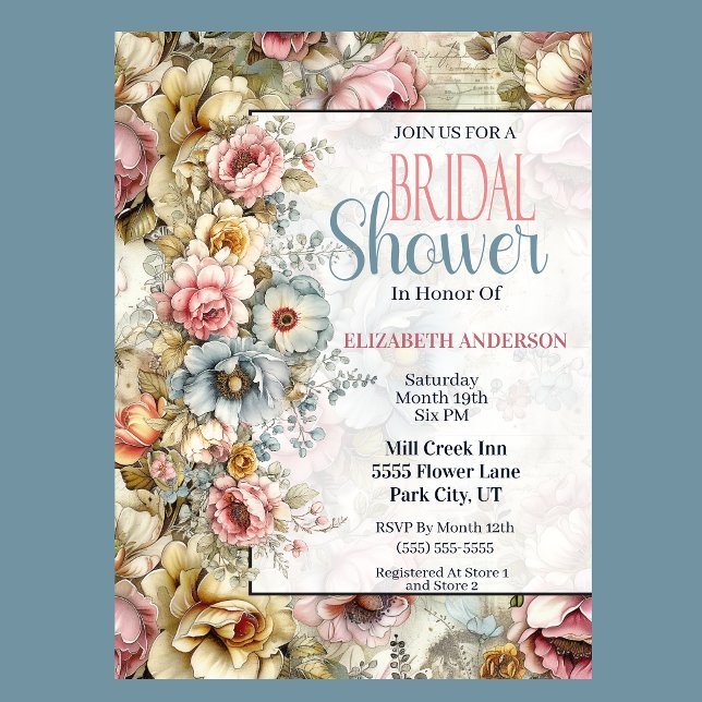 Vacker blomsterkollage bröllopsfest inbjudningar (Vintage floral bridal shower invitation with watercolor flowers and romantic botanical design
)