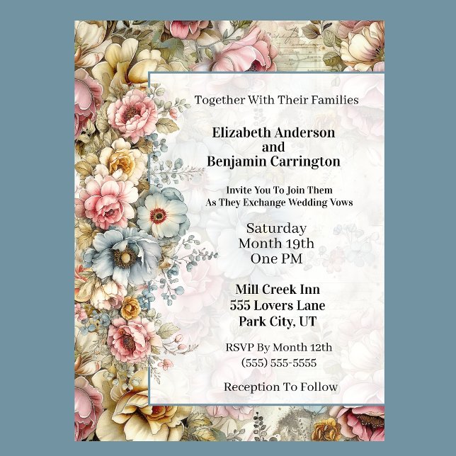 Vacker blomsterkollagebröllop inbjudningar (Vintage floral wedding invitation with watercolor flowers and romantic botanical design
)