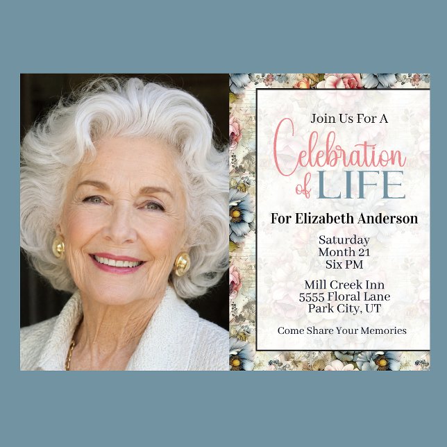 Vacker blomsterkollagefirande av livet inbjudningar (Vintage floral celebration of life invitation with watercolor flowers and romantic botanical design
)