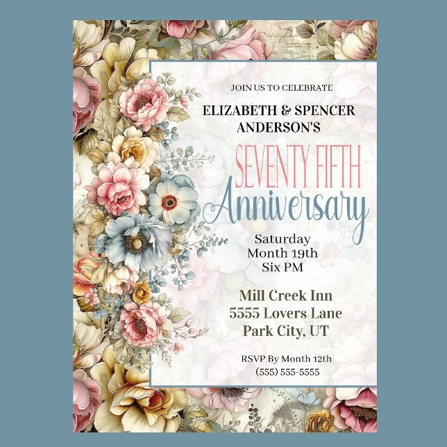 Vacker blomsterkollagej 75-års bröllopsjubileum inbjudningar (Vintage floral 75th anniversary invitation with watercolor flowers and romantic botanical design
)