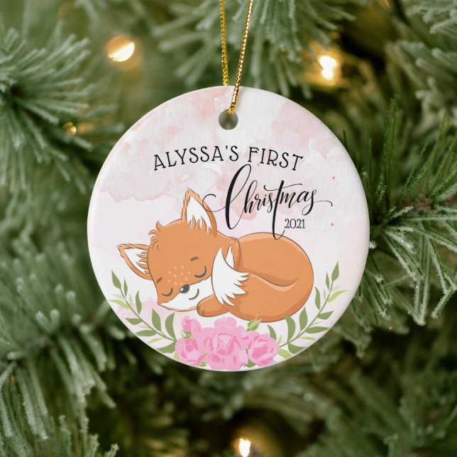 Vacker blomsterlig räv babys första jul julgransprydnad keramik (Träd)