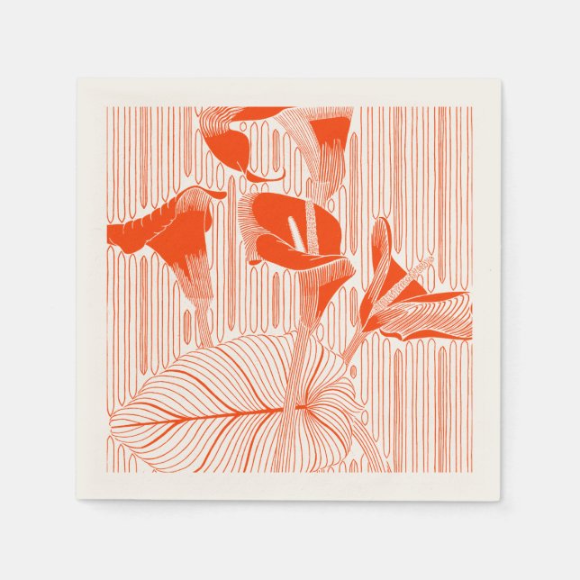 Vacker blomsterlinjekonst med orange växter pappersservett (Framsidan)