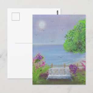 Vacker blomsterprydd sittplats vid havet vykort