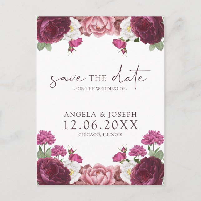 Vacker blomsterrik burgunderfärgad bröllopsinbjuda meddelande vykort (Framsida)