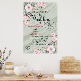 Vacker blomsterrik grön bröllopsvälkomstskylt i sa poster