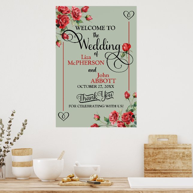 Vacker blomsterrik salvia grön & röd ros bröllop poster (Kök)