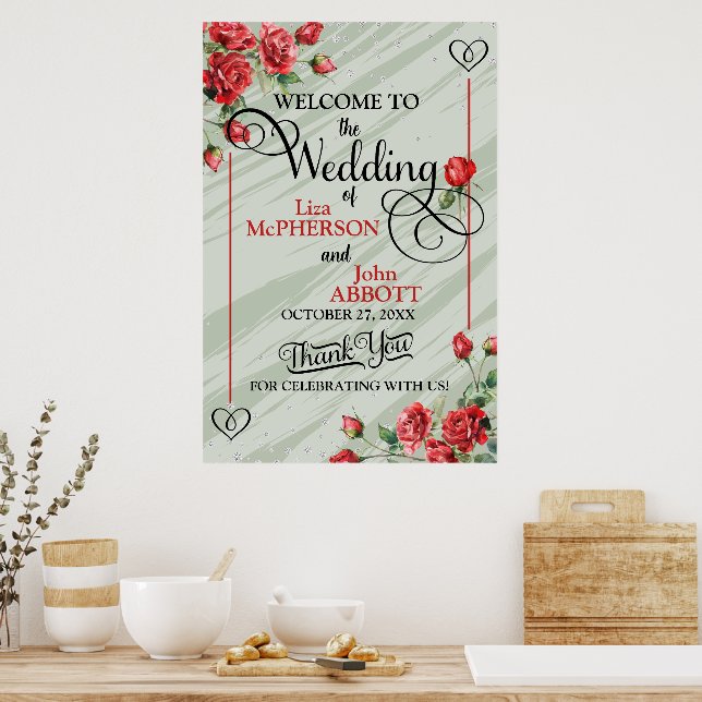 Vacker blomsterrik salvia grön & röd ros bröllop poster (Kök)