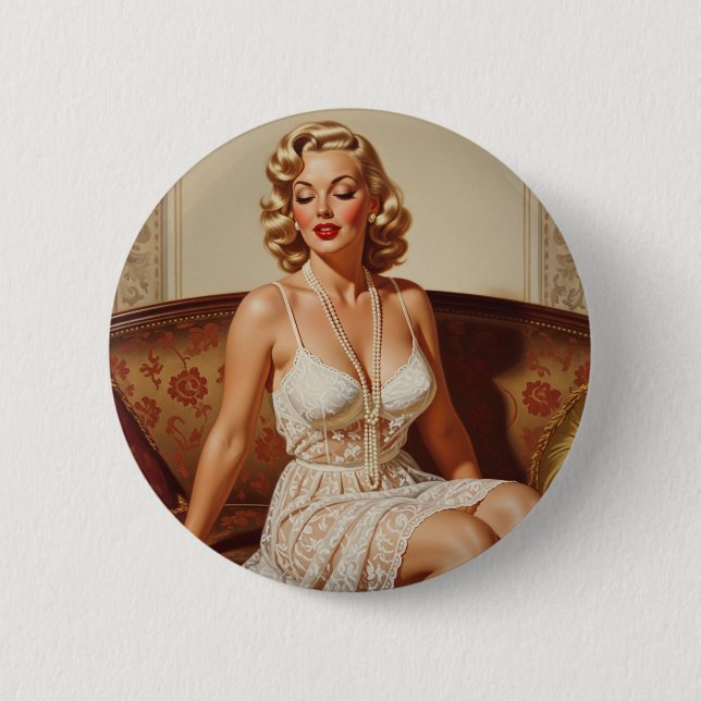 Vacker blond pin-up 50-tals konst knapp (Framsida)