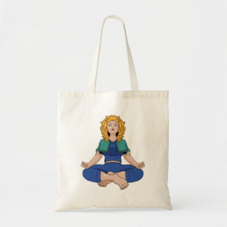 Vacker blond tjej yogaposition lotus söt tygkasse