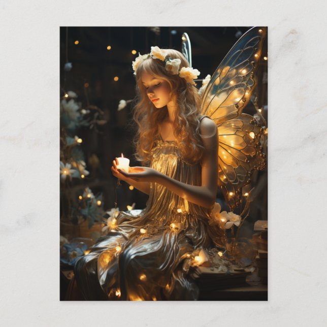 Vacker Blonde Fairy Glowing Vingar Fireflies Vykort (Framsida)