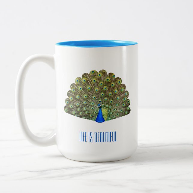 Vacker Blue Bird Peacock Två-Tonad Mugg (Vänster)