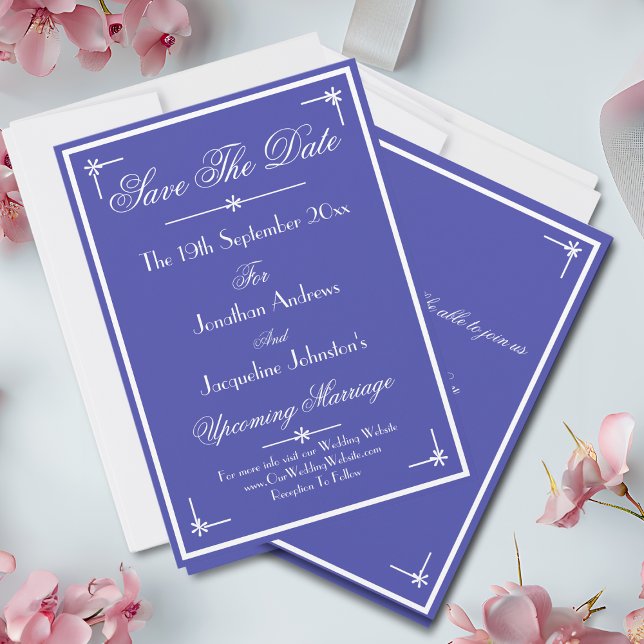 Vacker Blue Boho Luxury Classic Chic Bröllop Spara Datumet (Beautiful Blue with White Script - Boho Luxury Classic Chic Wedding Save The Date Cards.)