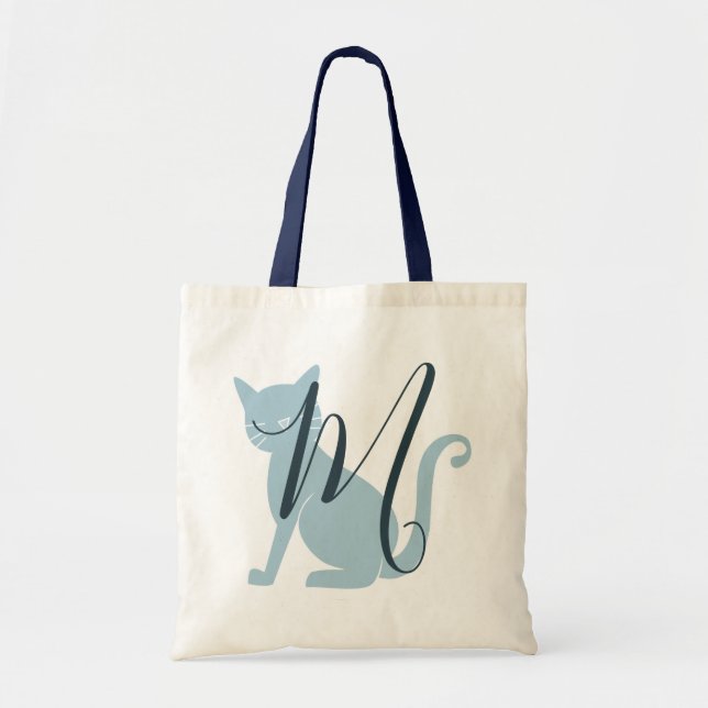 Vacker Blue Cat Monogram Tote Tygkasse (Framsidan)