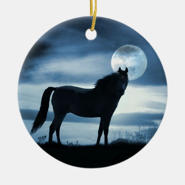Vacker Blue Horse och Måne Julgransprydnad Keramik (Framsidan)