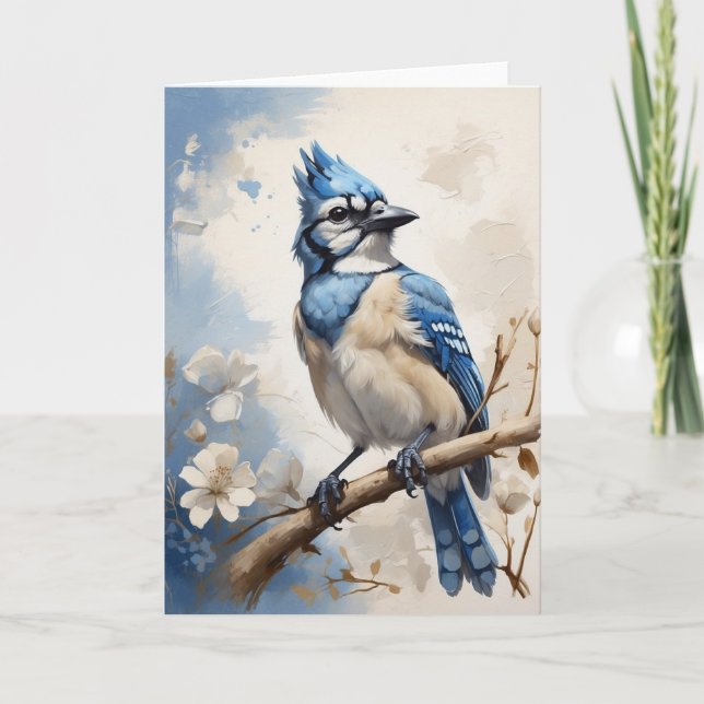 Vacker Blue Jay Sitta på Träd Flowers Blank Kort (Framsida)