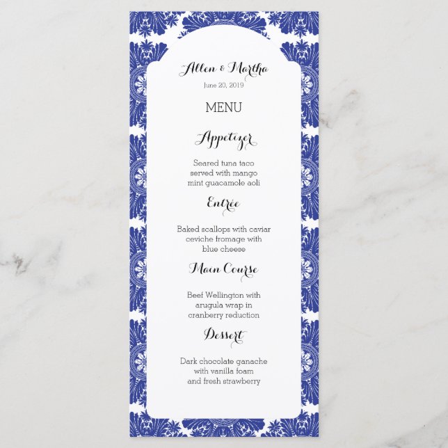 Vacker Blue & White Baroque Bröllop Menu Suite Meny (Framsida)