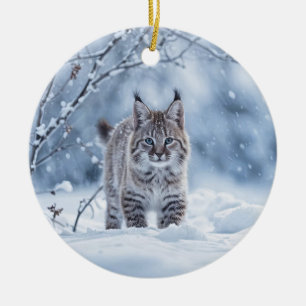 Vacker Bobcat i Snö Jul Julgransprydnad Keramik