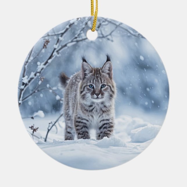 Vacker Bobcat i Snö Jul Julgransprydnad Keramik (Framsidan)