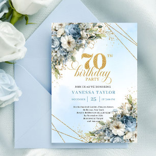 Vacker bohemisk blå blommig guld ram 70-årsdag inbjudningar