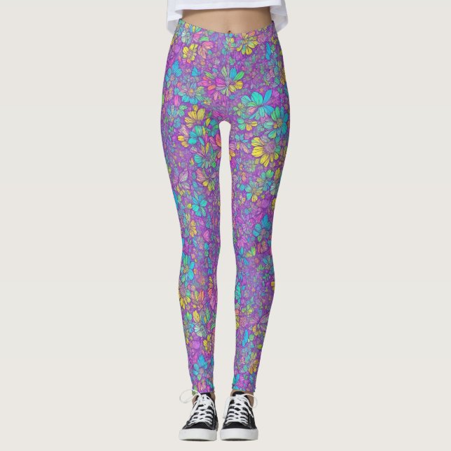Vacker bohemisk färgrik vildblomma blommönster leggings (Framsida)