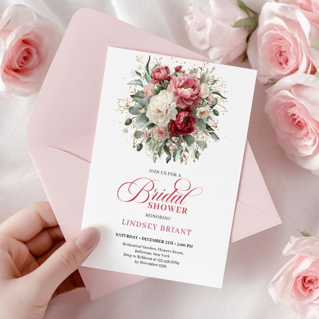 Vacker bohemisk röd rosaskymning guldrosar bröllop inbjudningar (Pretty Bohemian Red Blush Gold Roses Bridal Shower

)
