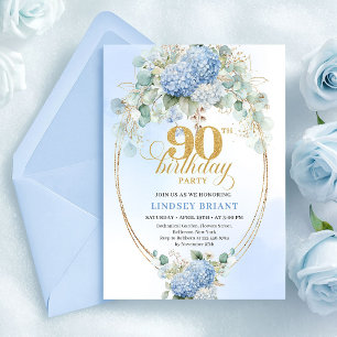 Vacker Boho Blå Hortensia Grönska 90-årsdag Inbjudningar