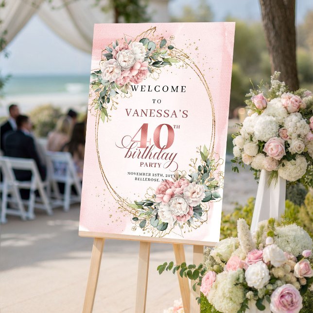 Vacker Boho Dammtrosa Grönska 40-årsfirande   Poster (Lovely Boho Dusty Pink Greenery 40th Birthday Welcome)