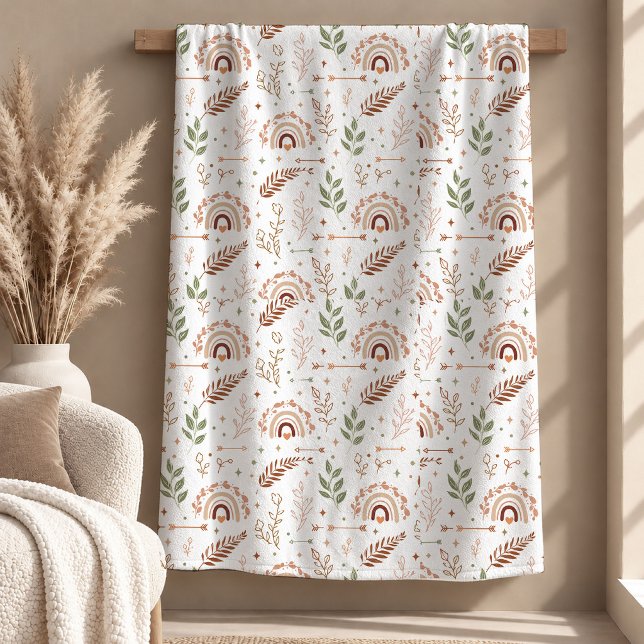 Vacker Boho Geometriska Former Jordnära Ton Blanke Fleecefilt (Boho Earthy Geometric Blanket, Beige Ivory Sage Decor, Light Brown Abstract Shapes, Rustic Neutral B)