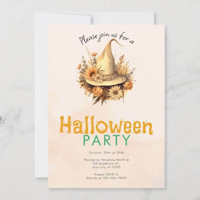 Vacker Boho Häxa Hatt Halloweenfest Inbjudningar (Framsida)